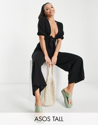 ASOS DESIGN tall deep v jumpsuit with puff sleeve in black - ASOS Price Checker