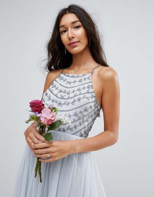 asos design strappy midi dress in delicate floral embellishment