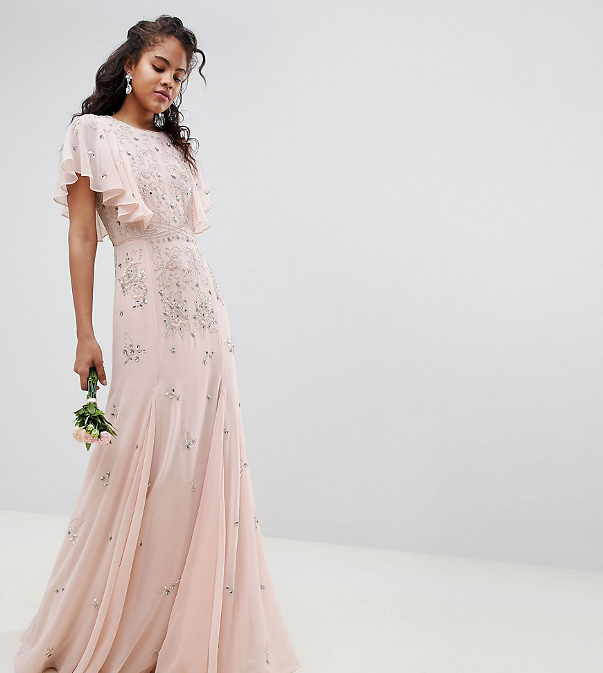 ASOS DESIGN Tall delicate embellisheds maxi dress with angel sleeve-Pink