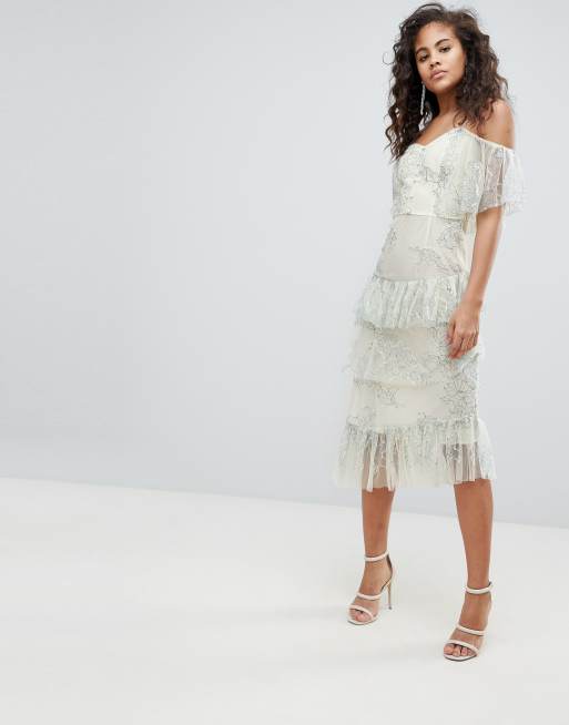 Ruffle lace cold 2025 shoulder cocktail dress