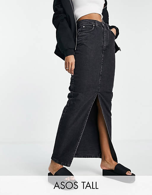 ASOS DESIGN Tall denim '90s' maxi skirt in washed black - BLACK