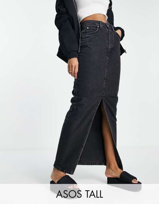 ASOS DESIGN Tall denim 90s maxi skirt in washed black BLACK