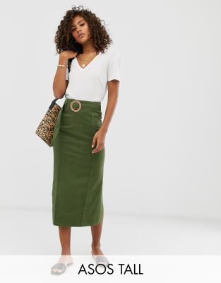 khaki denim midi skirt
