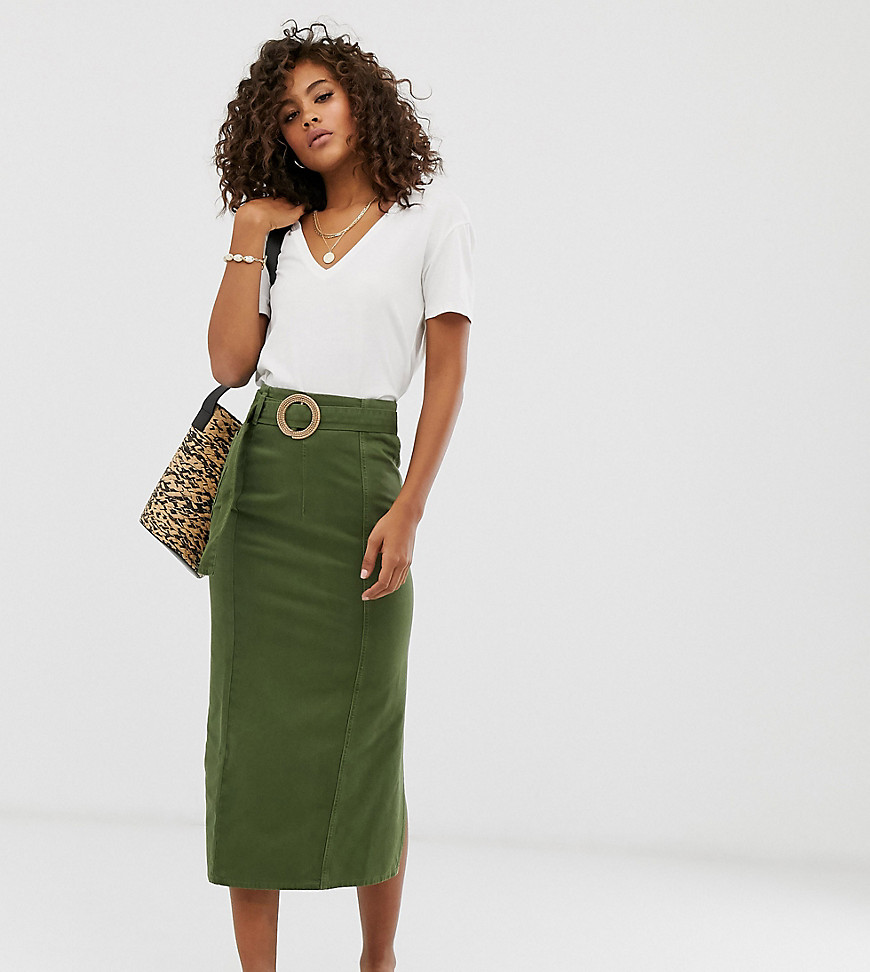 ASOS DESIGN Tall denim belted midi skirt in khaki green-Multi