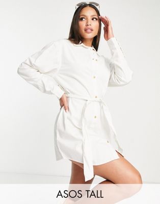 Asos Tall Asos Design Tall Denim Belted Shirt Dress In White
