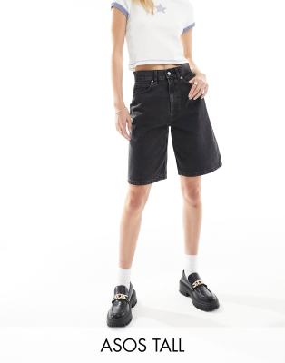 Asos Tall Asos Design Tall Denim Dad Shorts In Washed Black