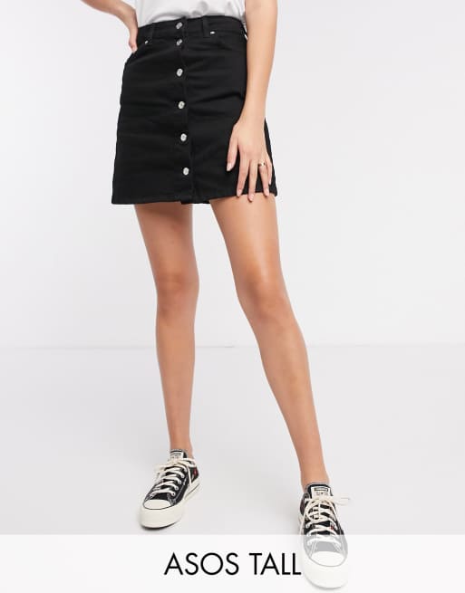 ASOS DESIGN Tall denim button through skirt in black