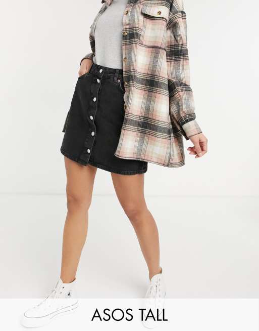 ASOS DESIGN Tall denim button through skirt in black