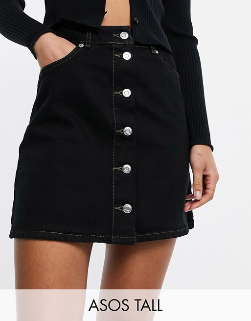 ASOS DESIGN Tall denim button through skirt in black