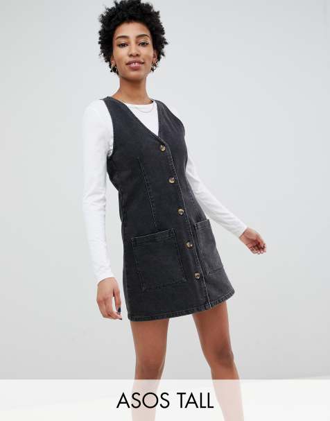 ASOS DESIGN Tall denim button through v neck mini pinifore dress