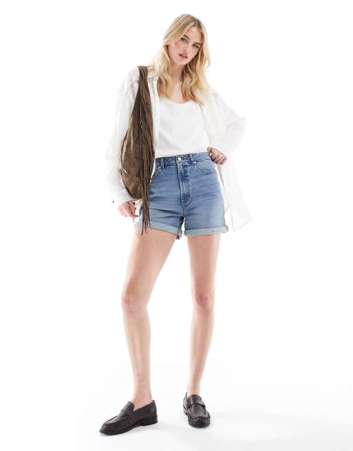 ASOS DESIGN Tall denim comfort mom short in mid blue