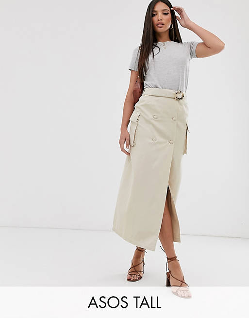 ASOS DESIGN Tall denim double breasted midi skirt with buckle in stone