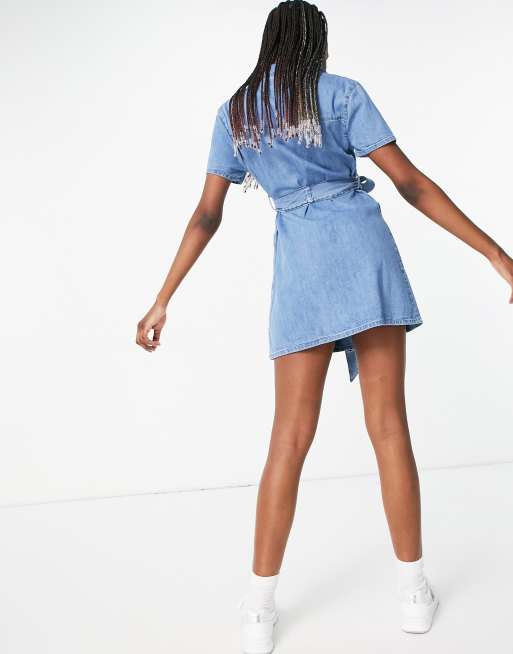 ASOS DESIGN Tall denim double breasted shirt dress in blue mid wash, 2 of 4