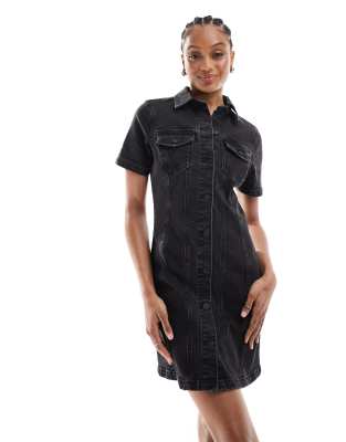 Asos Tall Asos Design Tall Denim Fitted Mini Shirt Dress In Black