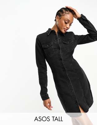ASOS Tall ASOS DESIGN Tall denim fitted shirt dress in black