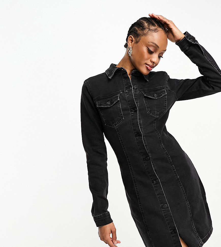 Asos Tall Asos Design Tall Denim Fitted Shirt Dress In Black