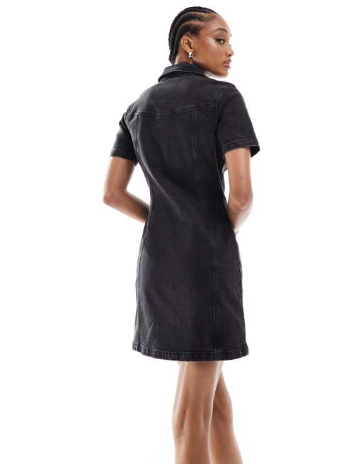 ASOS DESIGN Tall denim fitted shirt mini dress in wash black, 4 of 4