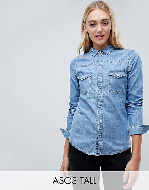 ASOS DESIGN Tall denim fitted western shirt in midwash blue