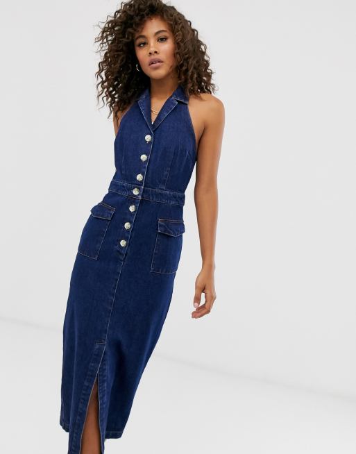 Denim halter maxi outlet dress