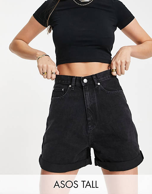 Women Tall denim high rise 'slouchy' mom shorts in washed black 