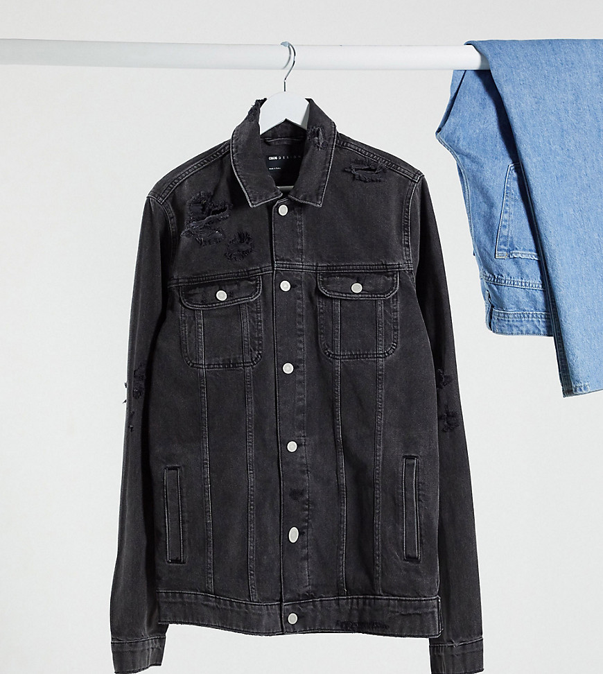 ASOS DESIGN Tall denim jacket in washed black with rips