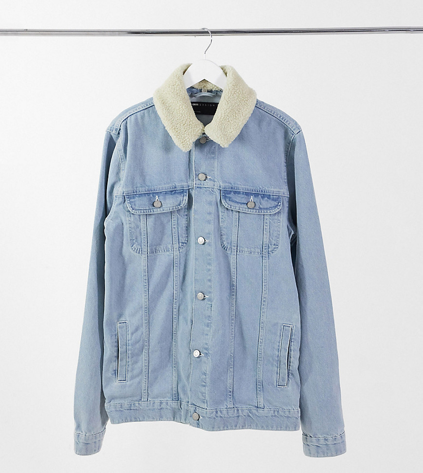 ASOS DESIGN Tall denim jacket with detachable fleece collar in light wash-Blue