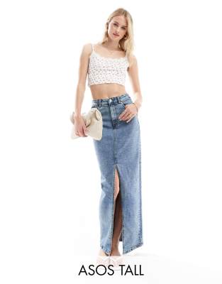 ASOS DESIGN Tall denim maxi skirt with split hem in midwash