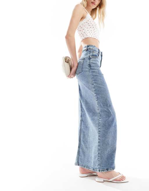 ASOS DESIGN Tall denim maxi skirt with split hem in midwash