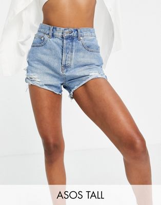 ASOS DESIGN Tall denim mid rise 'relaxed' shorts in midwash with rips - BLACK - ASOS Price Checker