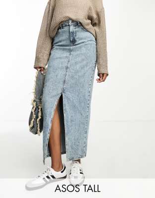 ASOS DESIGN Tall denim midi skirt with split hem in midwash-Blue