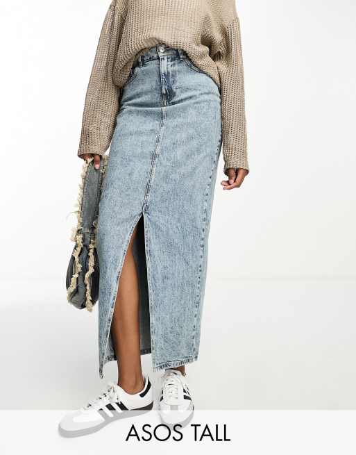 ASOS DESIGN Tall denim midi skirt with split hem in midwash ASOS