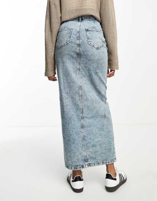 ASOS DESIGN Tall denim midi skirt with split hem in midwash