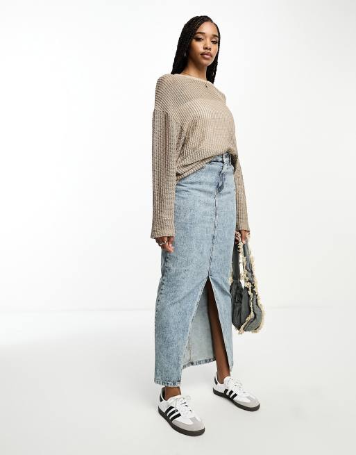 ASOS DESIGN Tall denim midi skirt with split hem in midwash