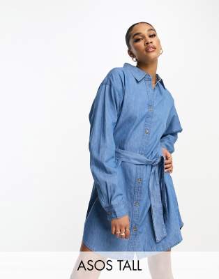 ASOS Tall ASOS DESIGN Tall denim mini dress with belt in midwash-Blue