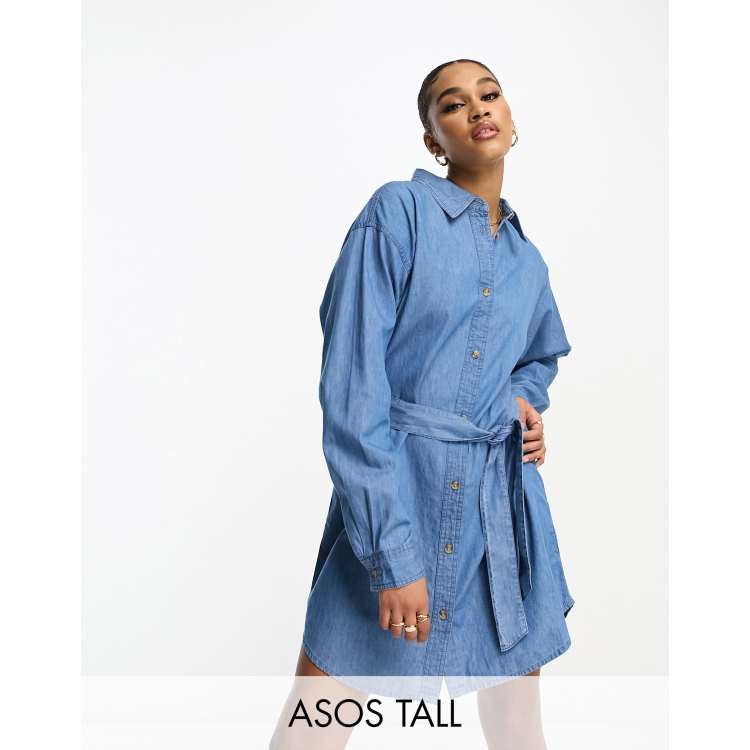 ASOS DESIGN Tall denim mini dress with belt in midwash