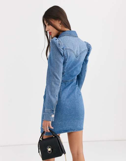 asos western denim dress ASOS DESIGN Tall denim mini western shirt dress with puff sleeve