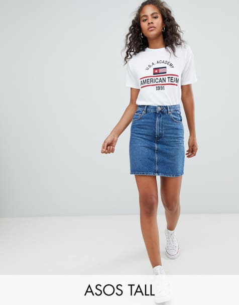 ASOS DESIGN Tall denim original high waisted skirt in midwash blue