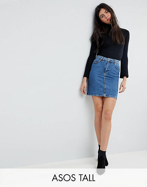 ASOS DESIGN Tall denim original high waisted skirt in midwash blue | ASOS