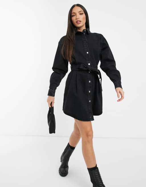 ASOS DESIGN Tall denim oversized belted shirt dress in washed black ASOS