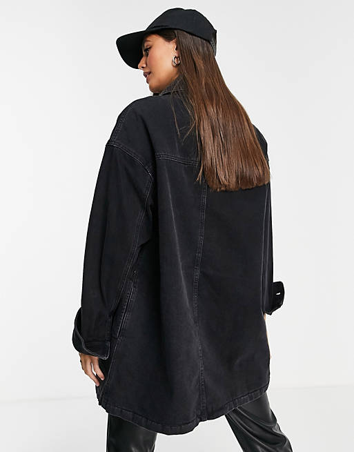 Women Tall denim oversized shacket in washed black with borg lining 