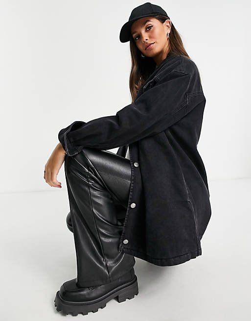 Women Tall denim oversized shacket in washed black with borg lining 