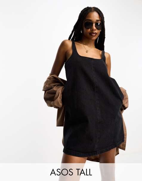 ASOS DESIGN Tall denim pinny dress in black - view 1