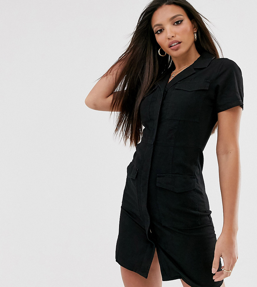ASOS DESIGN Tall denim pocket detail mini shirt dress-Black