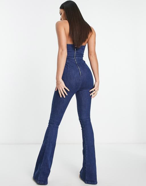 ASOS DESIGN Tall denim power stretch halter neck jumpsuit