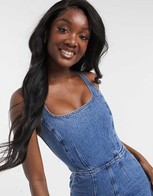 ASOS DESIGN Tall denim square neck fitted jumpsuit in mid wash