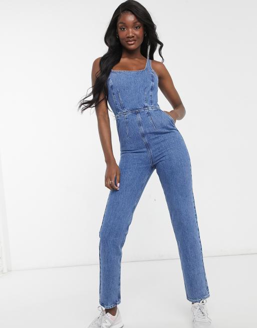 ASOS DESIGN Tall denim dungaree in mid blue