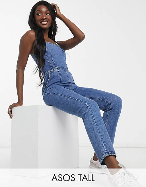  Tall denim square neck fitted jumpsuit in midwash 