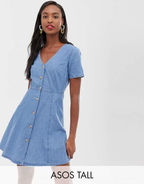 ASOS DESIGN Tall denim tea dress with mock horn buttons in midwash blue