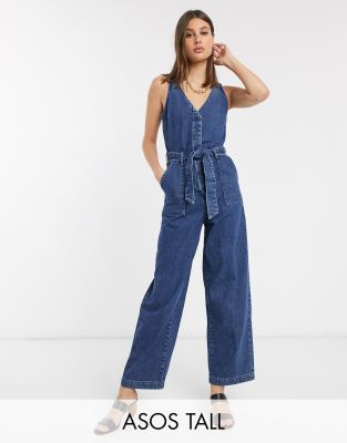 ASOS DESIGN Tall denim v neck jumpsuit in blue | ASOS