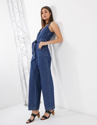 denim v neck jumpsuit